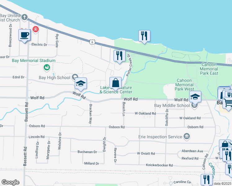 map of restaurants, bars, coffee shops, grocery stores, and more near 28728 Wolf Road in Bay Village