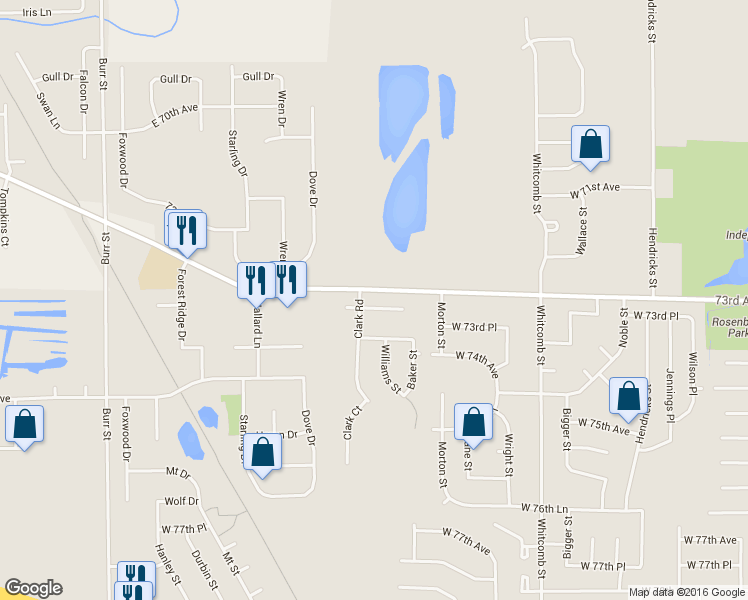 map of restaurants, bars, coffee shops, grocery stores, and more near 4560 West 73rd Court in Merrillville