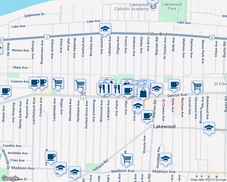 map of restaurants, bars, coffee shops, grocery stores, and more near 1382 Arthur Avenue in Lakewood