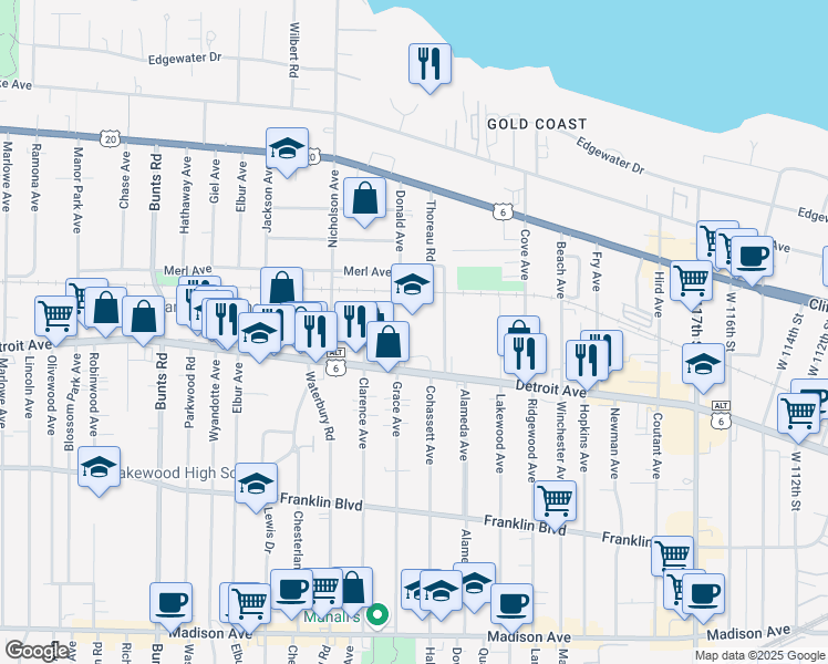 map of restaurants, bars, coffee shops, grocery stores, and more near 13114 Detroit Avenue in Lakewood