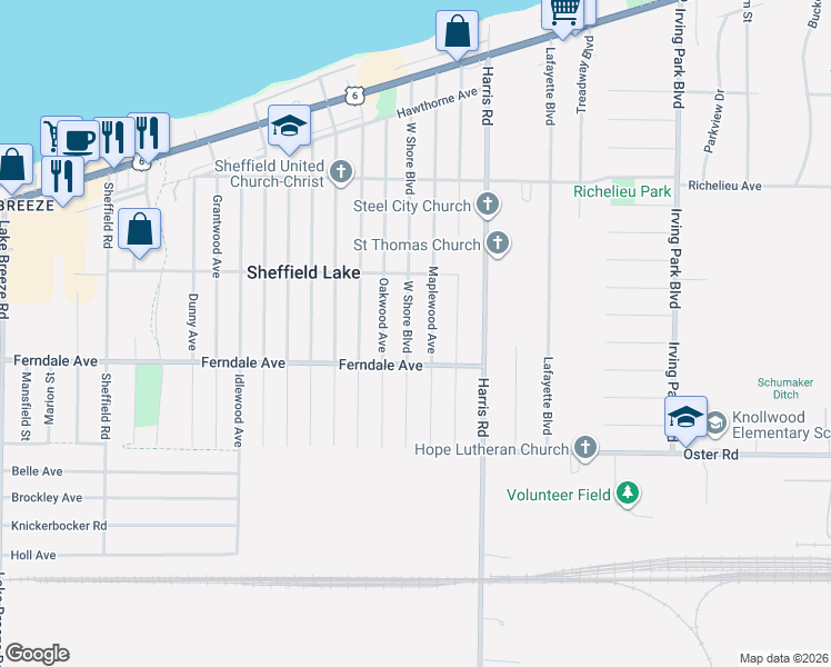 map of restaurants, bars, coffee shops, grocery stores, and more near 769 Maplewood Avenue in Sheffield Lake