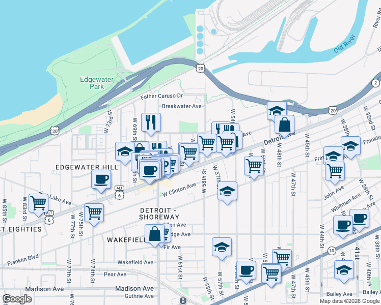 map of restaurants, bars, coffee shops, grocery stores, and more near in Cleveland