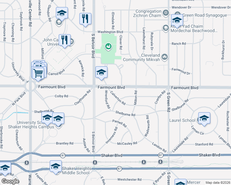 map of restaurants, bars, coffee shops, grocery stores, and more near 21976 Calverton Road in Shaker Heights
