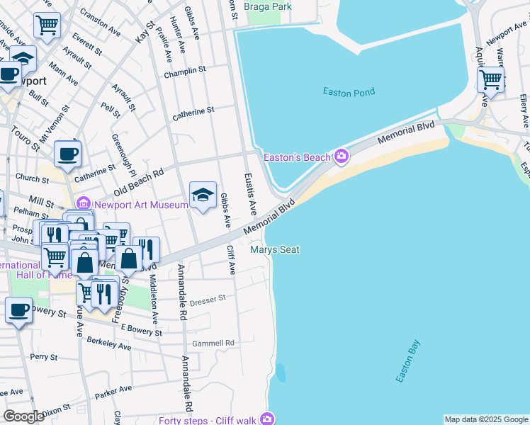 map of restaurants, bars, coffee shops, grocery stores, and more near 124 Memorial Boulevard in Newport