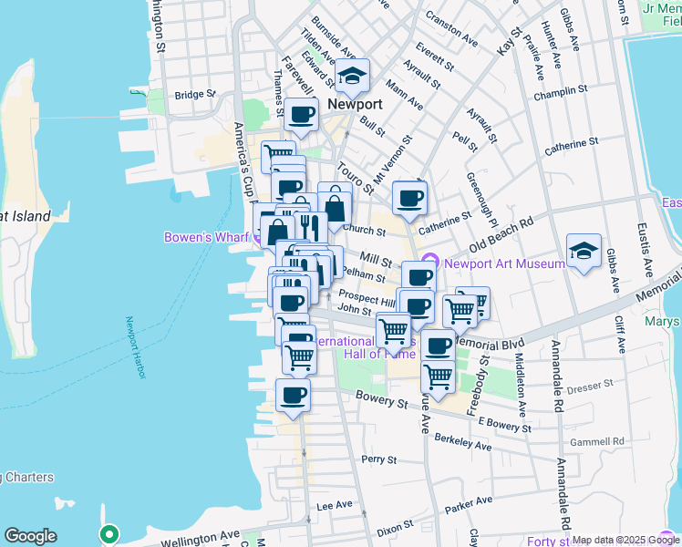 map of restaurants, bars, coffee shops, grocery stores, and more near 209 Spring Street in Newport