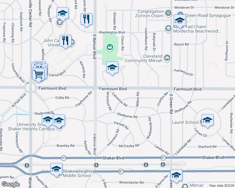 map of restaurants, bars, coffee shops, grocery stores, and more near 21976 Calverton Road in Shaker Heights