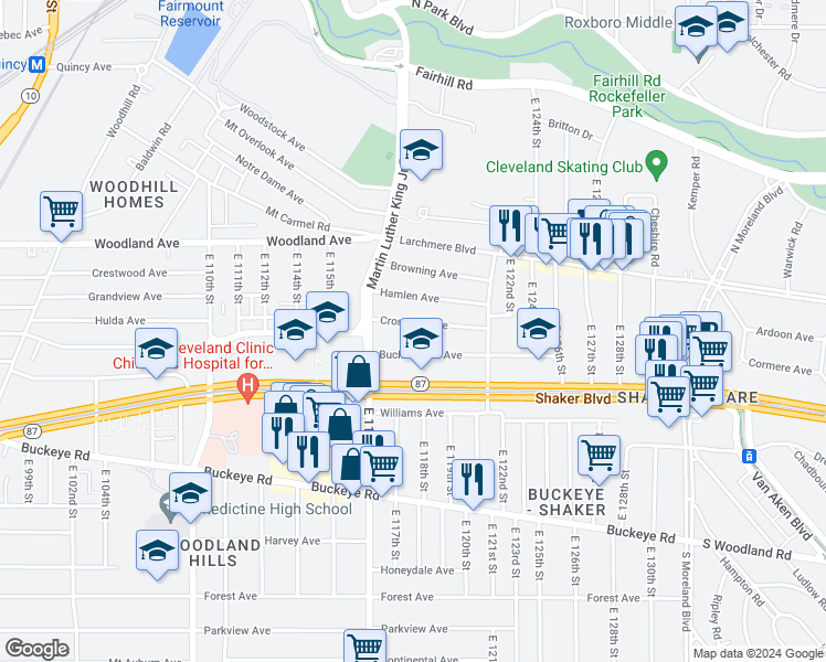 map of restaurants, bars, coffee shops, grocery stores, and more near 11707 Buckingham Avenue in Cleveland