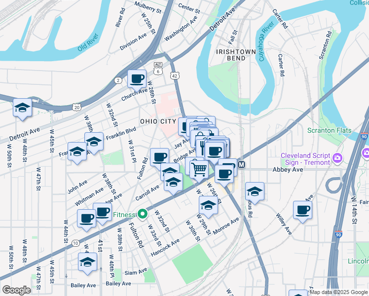 map of restaurants, bars, coffee shops, grocery stores, and more near 2700 Bridge Avenue in Cleveland