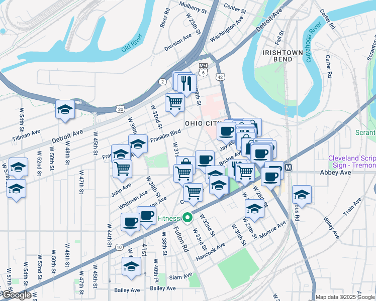 map of restaurants, bars, coffee shops, grocery stores, and more near 1760 Fulton Road in Cleveland