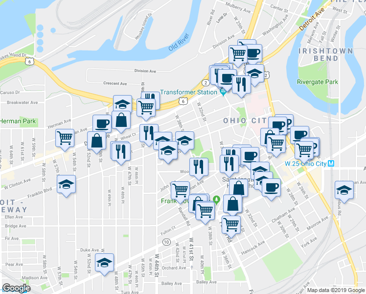 map of restaurants, bars, coffee shops, grocery stores, and more near in Cleveland