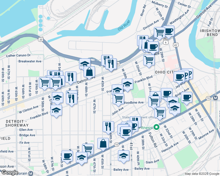 map of restaurants, bars, coffee shops, grocery stores, and more near 4410 Franklin Boulevard in Cleveland
