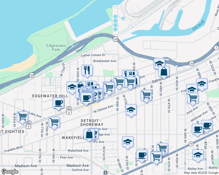 map of restaurants, bars, coffee shops, grocery stores, and more near in Cleveland