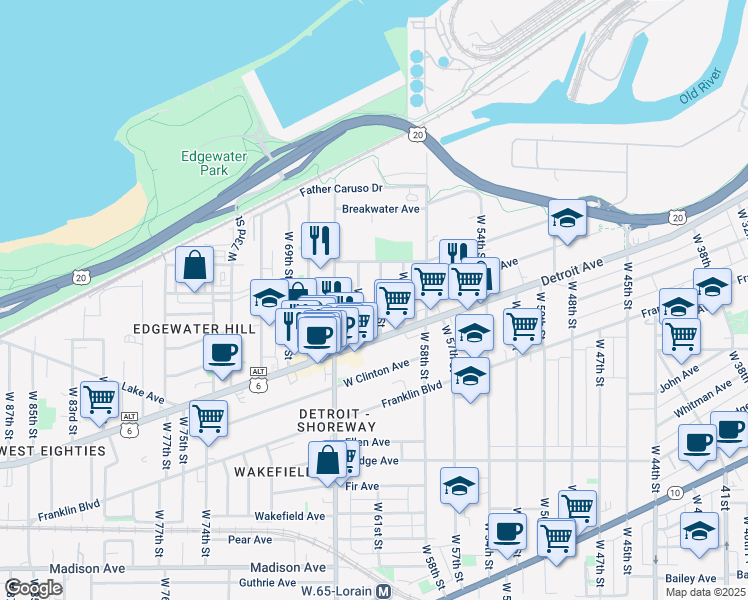 map of restaurants, bars, coffee shops, grocery stores, and more near 1353 West 64th Street in Cleveland