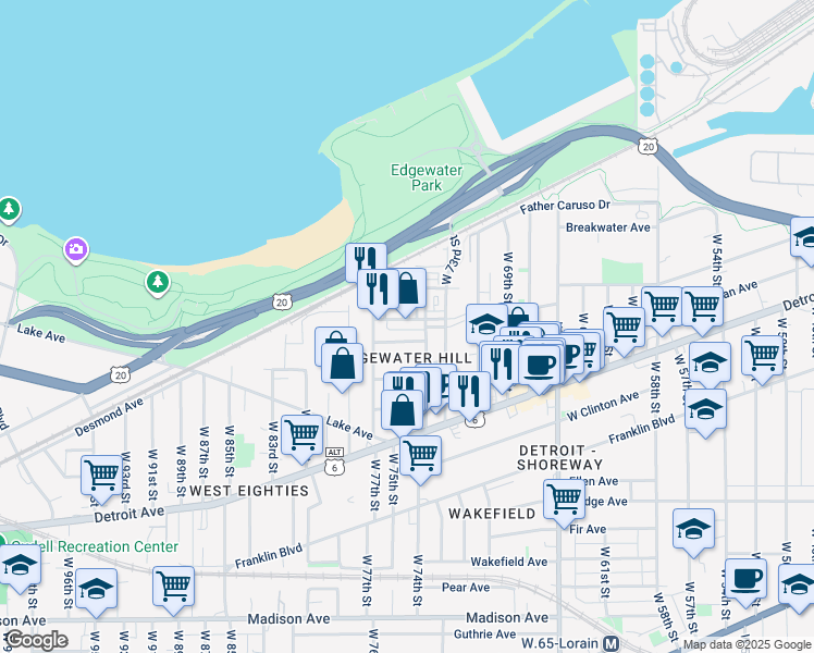 map of restaurants, bars, coffee shops, grocery stores, and more near 7428 Goodwalt Avenue in Cleveland