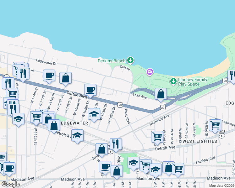 map of restaurants, bars, coffee shops, grocery stores, and more near 9907 Lake Avenue in Cleveland