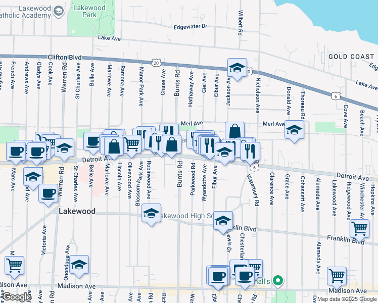 map of restaurants, bars, coffee shops, grocery stores, and more near in Lakewood