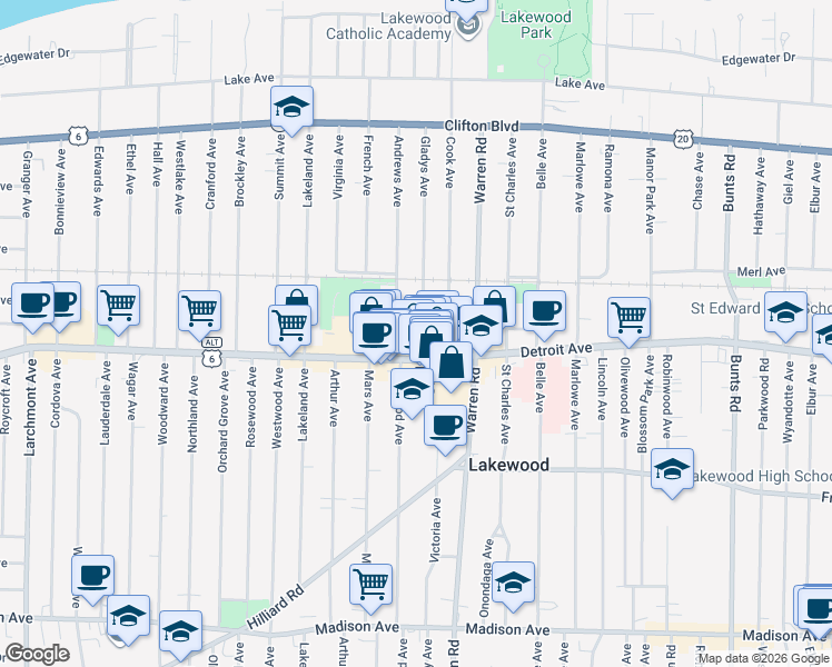 map of restaurants, bars, coffee shops, grocery stores, and more near 1385 Andrews Avenue in Lakewood
