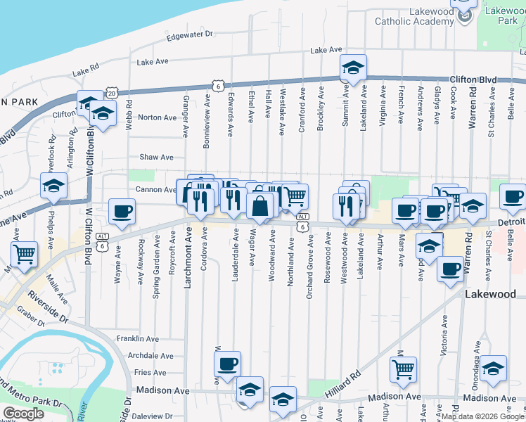 map of restaurants, bars, coffee shops, grocery stores, and more near 16306 Detroit Avenue in Lakewood