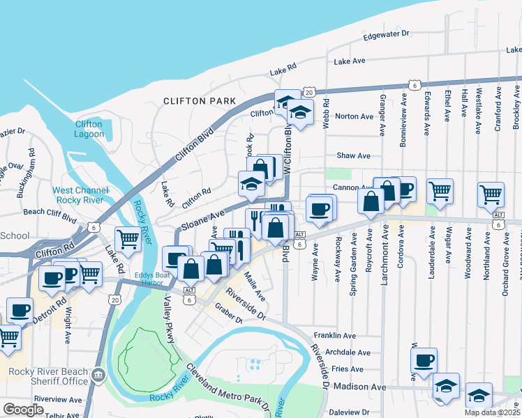 map of restaurants, bars, coffee shops, grocery stores, and more near 1331 Phelps Avenue in Lakewood