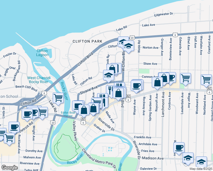 map of restaurants, bars, coffee shops, grocery stores, and more near 1331 Phelps Avenue in Lakewood
