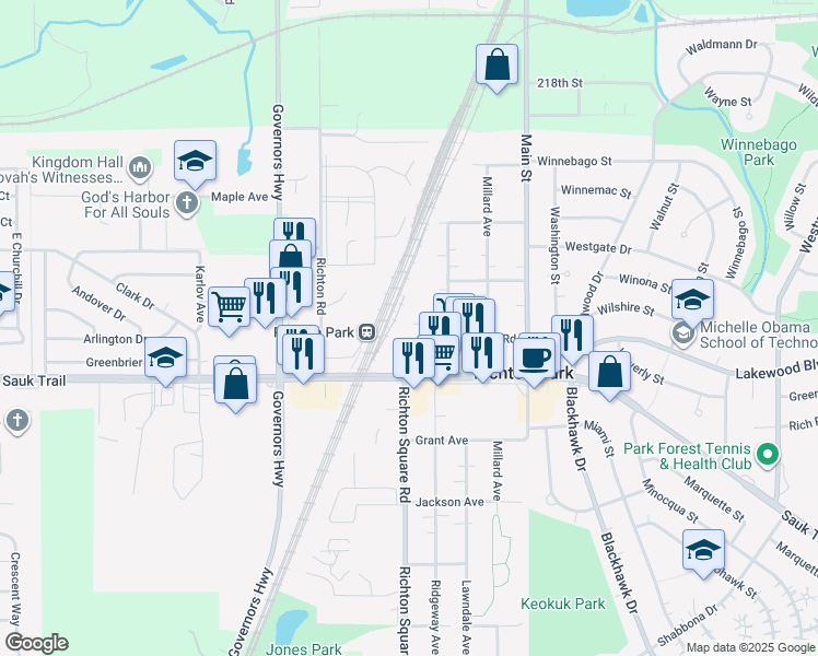 map of restaurants, bars, coffee shops, grocery stores, and more near 3774 Sauk Trail in Richton Park