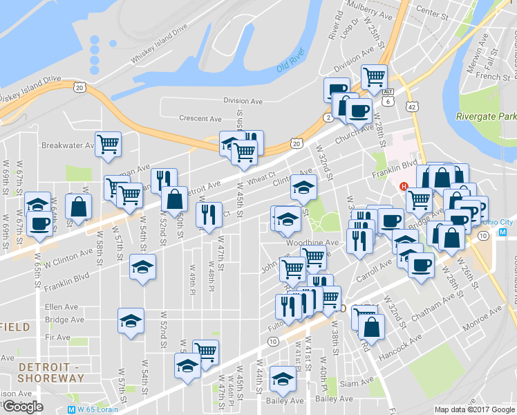 map of restaurants, bars, coffee shops, grocery stores, and more near 4308 Franklin Boulevard in Cleveland