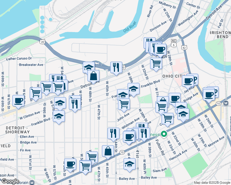 map of restaurants, bars, coffee shops, grocery stores, and more near 4308 Franklin Boulevard in Cleveland