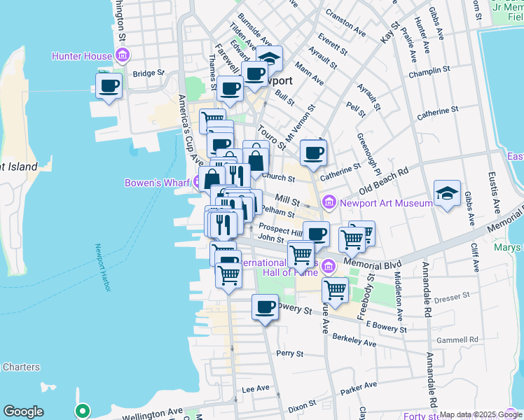 map of restaurants, bars, coffee shops, grocery stores, and more near 73 Pelham Street in Newport