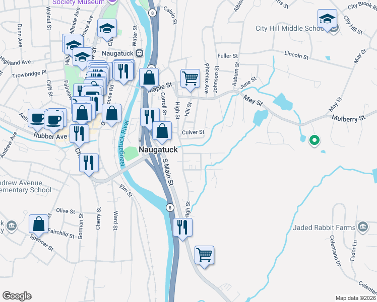 map of restaurants, bars, coffee shops, grocery stores, and more near 167 High Street in Naugatuck