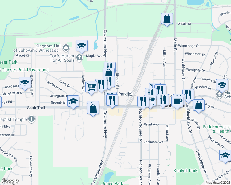 map of restaurants, bars, coffee shops, grocery stores, and more near 22138 Richton Road in Richton Park