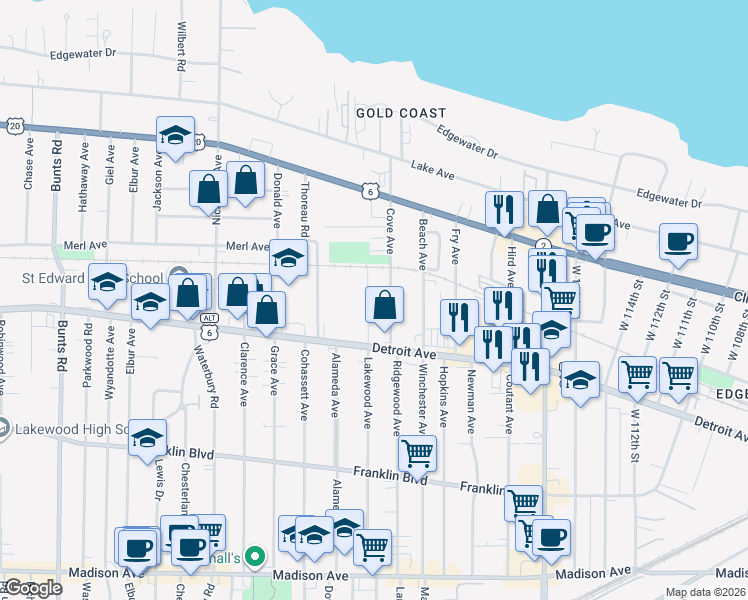 map of restaurants, bars, coffee shops, grocery stores, and more near 1358 Cove Avenue in Lakewood