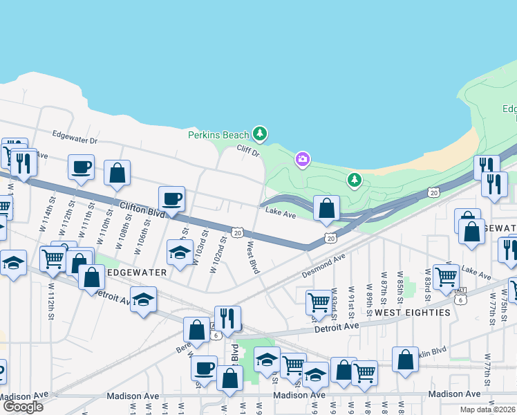 map of restaurants, bars, coffee shops, grocery stores, and more near West Blvd & Lake Ave in Cleveland