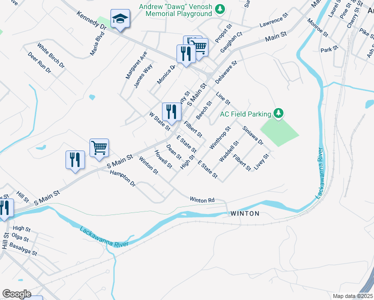 map of restaurants, bars, coffee shops, grocery stores, and more near 441 High Street in Archbald