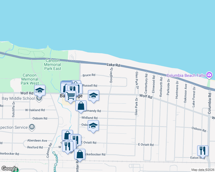 map of restaurants, bars, coffee shops, grocery stores, and more near Russell Road in Bay Village