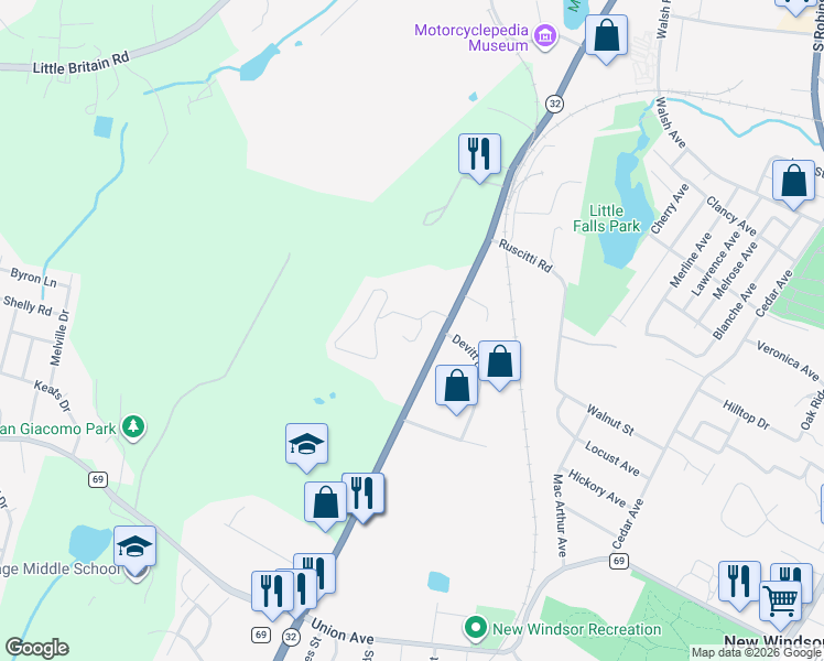 map of restaurants, bars, coffee shops, grocery stores, and more near 1000 Cooper Court in New Windsor