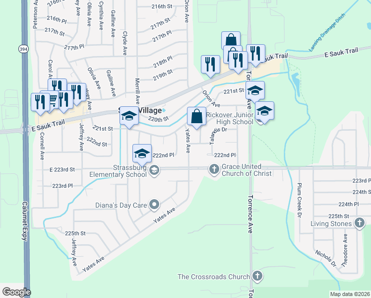 map of restaurants, bars, coffee shops, grocery stores, and more near 22222 Yates Avenue in Sauk Village