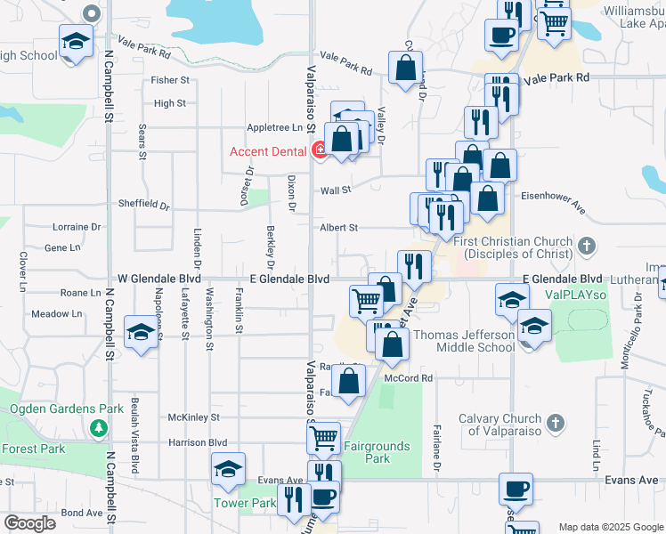 map of restaurants, bars, coffee shops, grocery stores, and more near 1919 Rebecca Street in Valparaiso