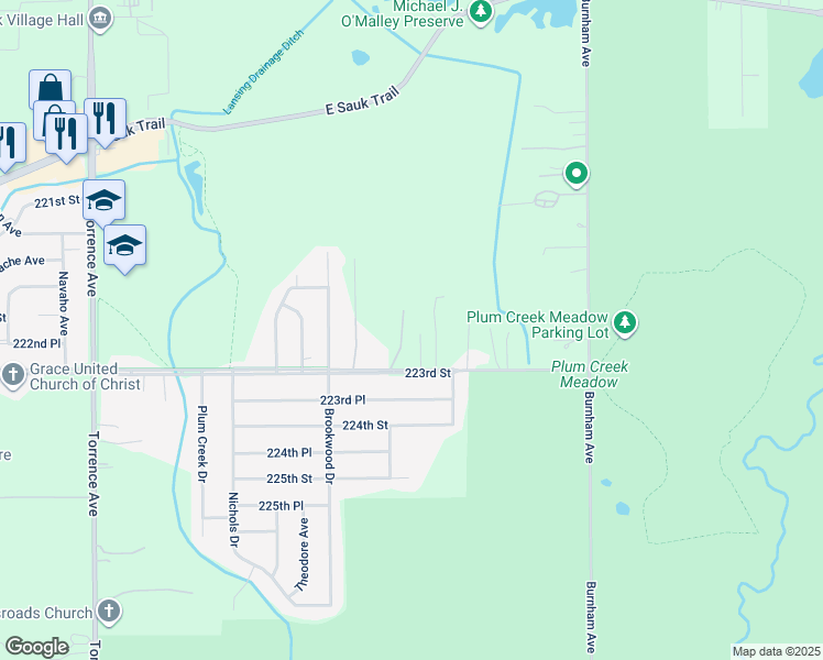 map of restaurants, bars, coffee shops, grocery stores, and more near 2741 East 223rd Street in Sauk Village