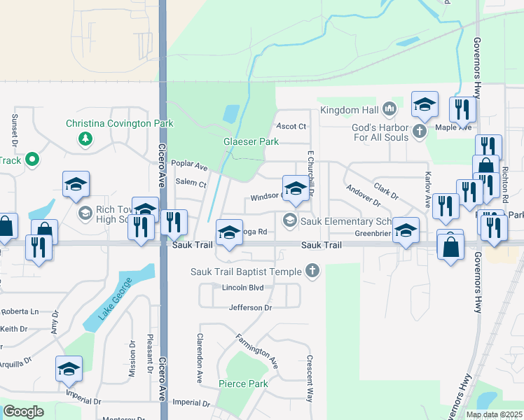 map of restaurants, bars, coffee shops, grocery stores, and more near 4525 East Churchill Drive in Richton Park