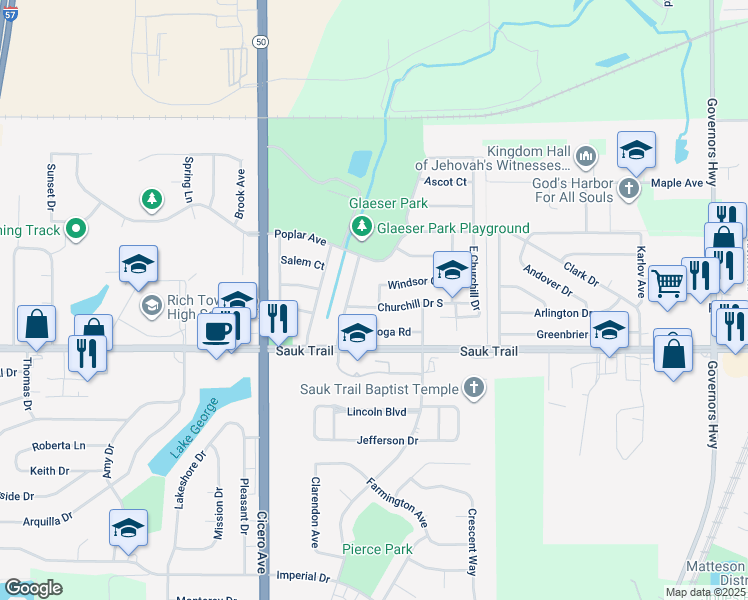map of restaurants, bars, coffee shops, grocery stores, and more near 4603 Churchill Drive South in Richton Park