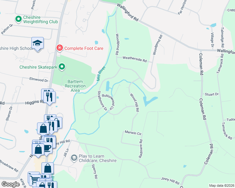 map of restaurants, bars, coffee shops, grocery stores, and more near 204 Cricket Court in Cheshire