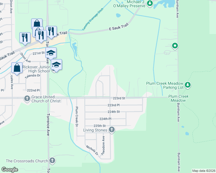 map of restaurants, bars, coffee shops, grocery stores, and more near 22232 Brookwood Drive in Sauk Village
