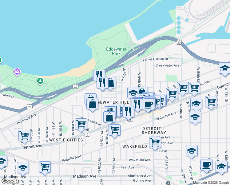 map of restaurants, bars, coffee shops, grocery stores, and more near 1304 West 73rd Street in Cleveland