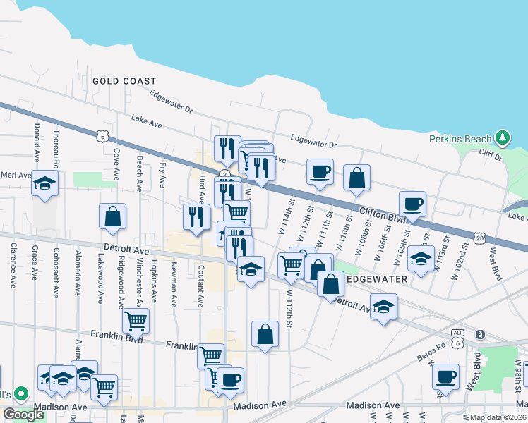 map of restaurants, bars, coffee shops, grocery stores, and more near 1298 West 115th Street in Cleveland