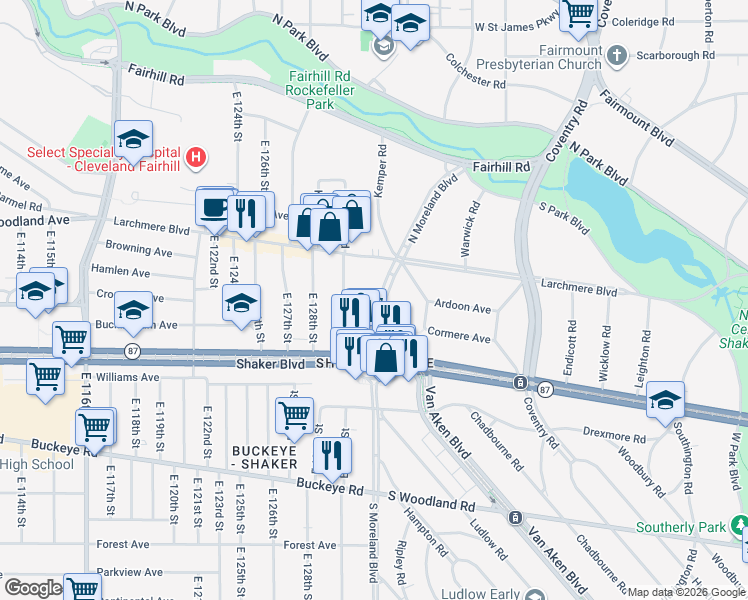 map of restaurants, bars, coffee shops, grocery stores, and more near 2666 North Moreland Boulevard in Cleveland