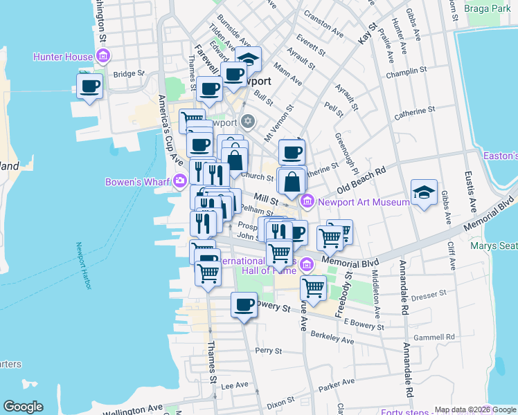 map of restaurants, bars, coffee shops, grocery stores, and more near 12 Corne Street in Newport