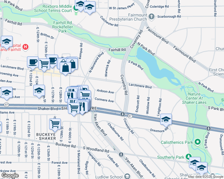 map of restaurants, bars, coffee shops, grocery stores, and more near 13620 Ardoon Avenue in Cleveland