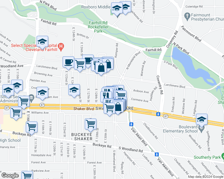 map of restaurants, bars, coffee shops, grocery stores, and more near 2666 North Moreland Boulevard in Cleveland