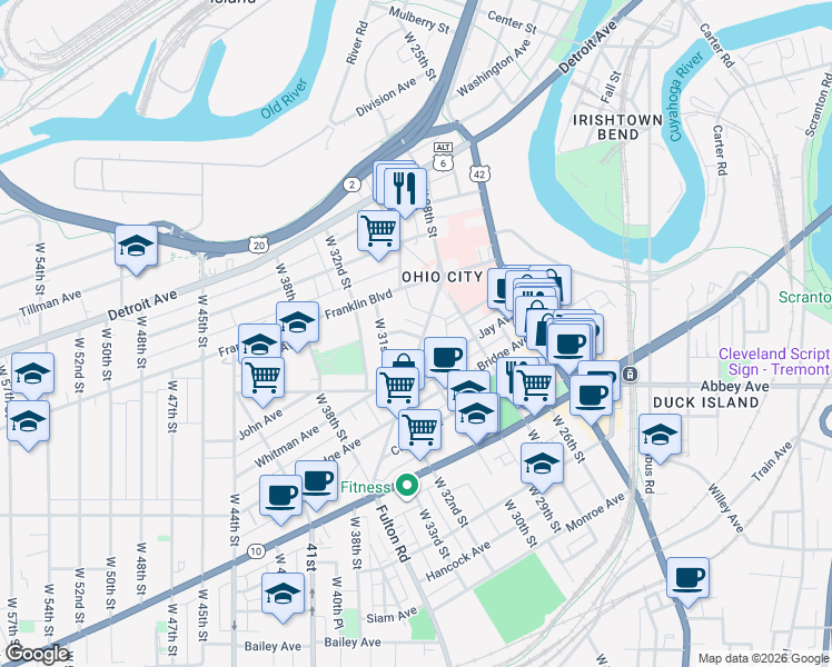 map of restaurants, bars, coffee shops, grocery stores, and more near 1760 Fulton Road in Cleveland