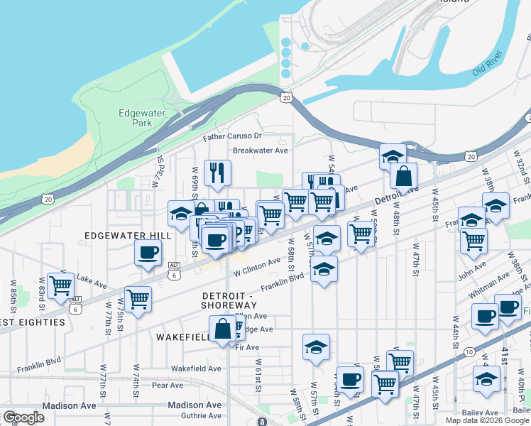 map of restaurants, bars, coffee shops, grocery stores, and more near in Cleveland